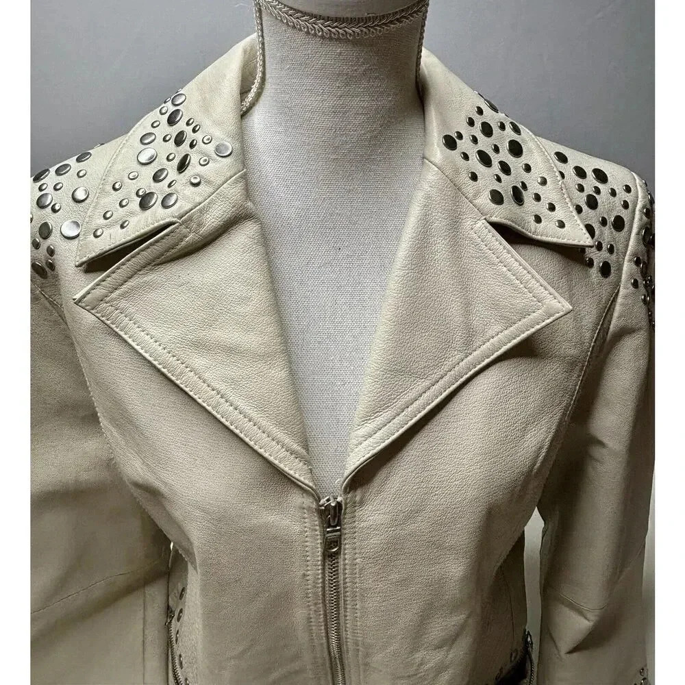 Pamela McCoy Women Medium Genuine Leather Jacket Studded See Pics - Picture 3 of 11